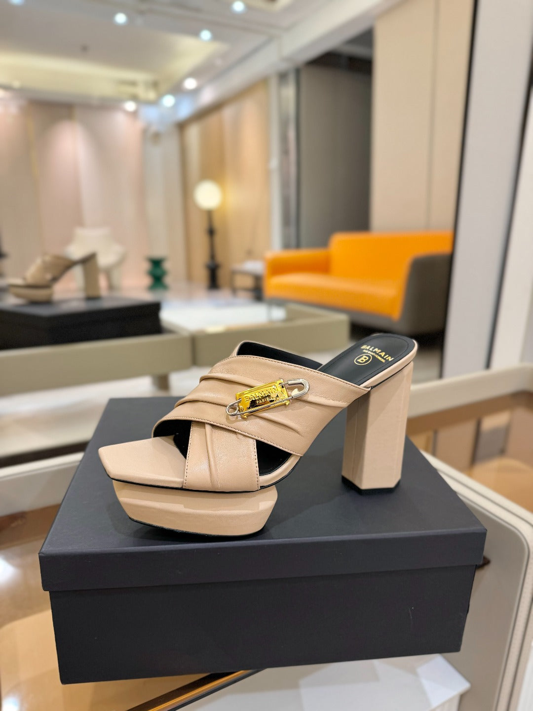 BALMAIN 25S WEDGE HEEL SANDALS 100MM IN NUDE CALFSKIN