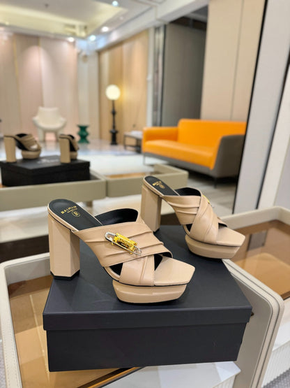 BALMAIN 25S WEDGE HEEL SANDALS 100MM IN NUDE CALFSKIN