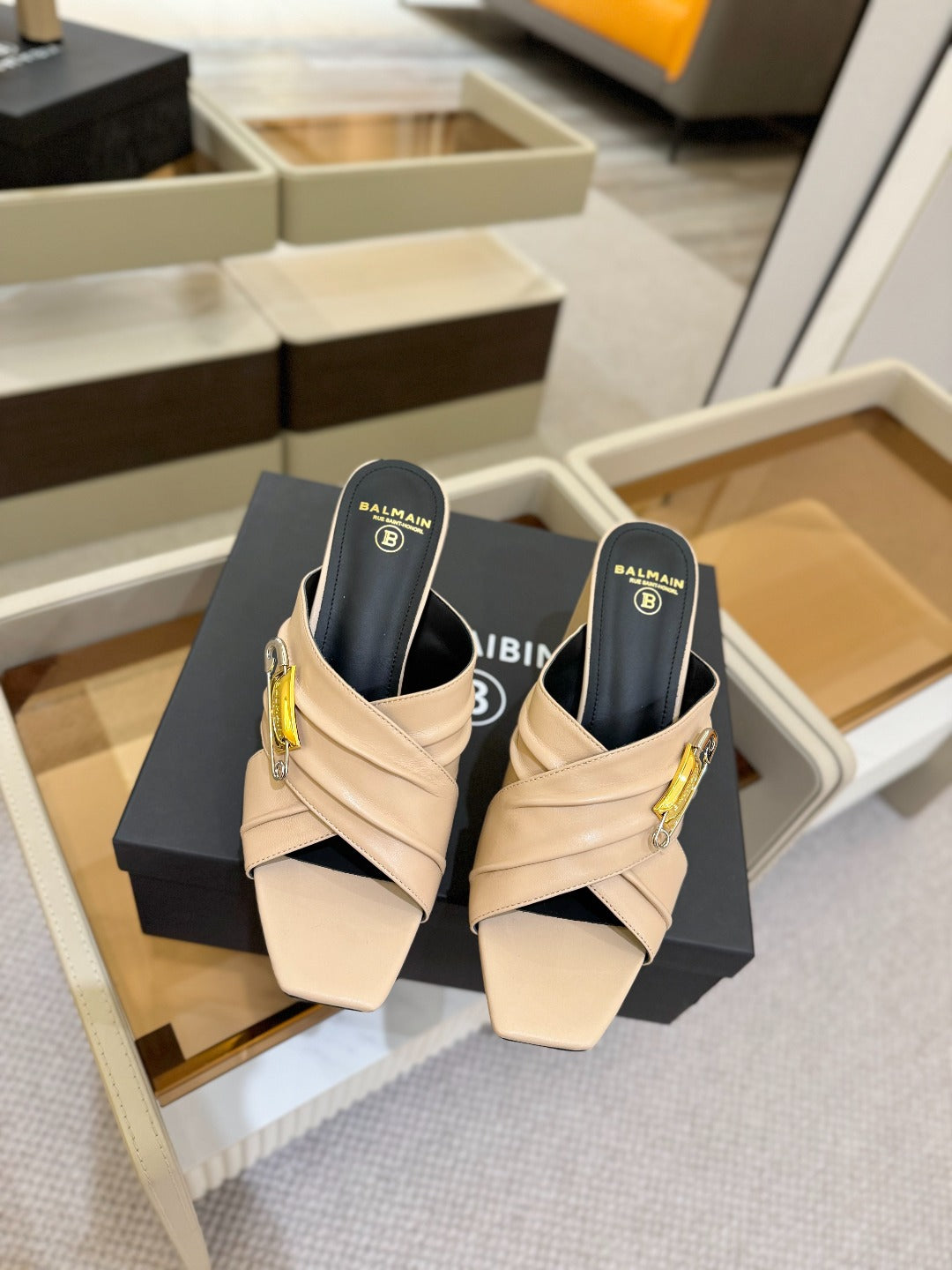 BALMAIN 25S WEDGE HEEL SANDALS 100MM IN NUDE CALFSKIN