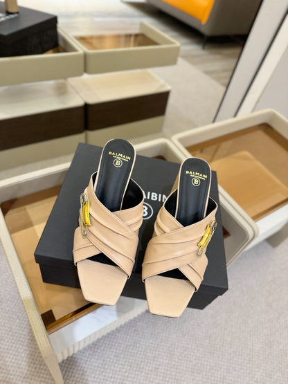 BALMAIN 25S WEDGE HEEL SANDALS 100MM IN NUDE CALFSKIN