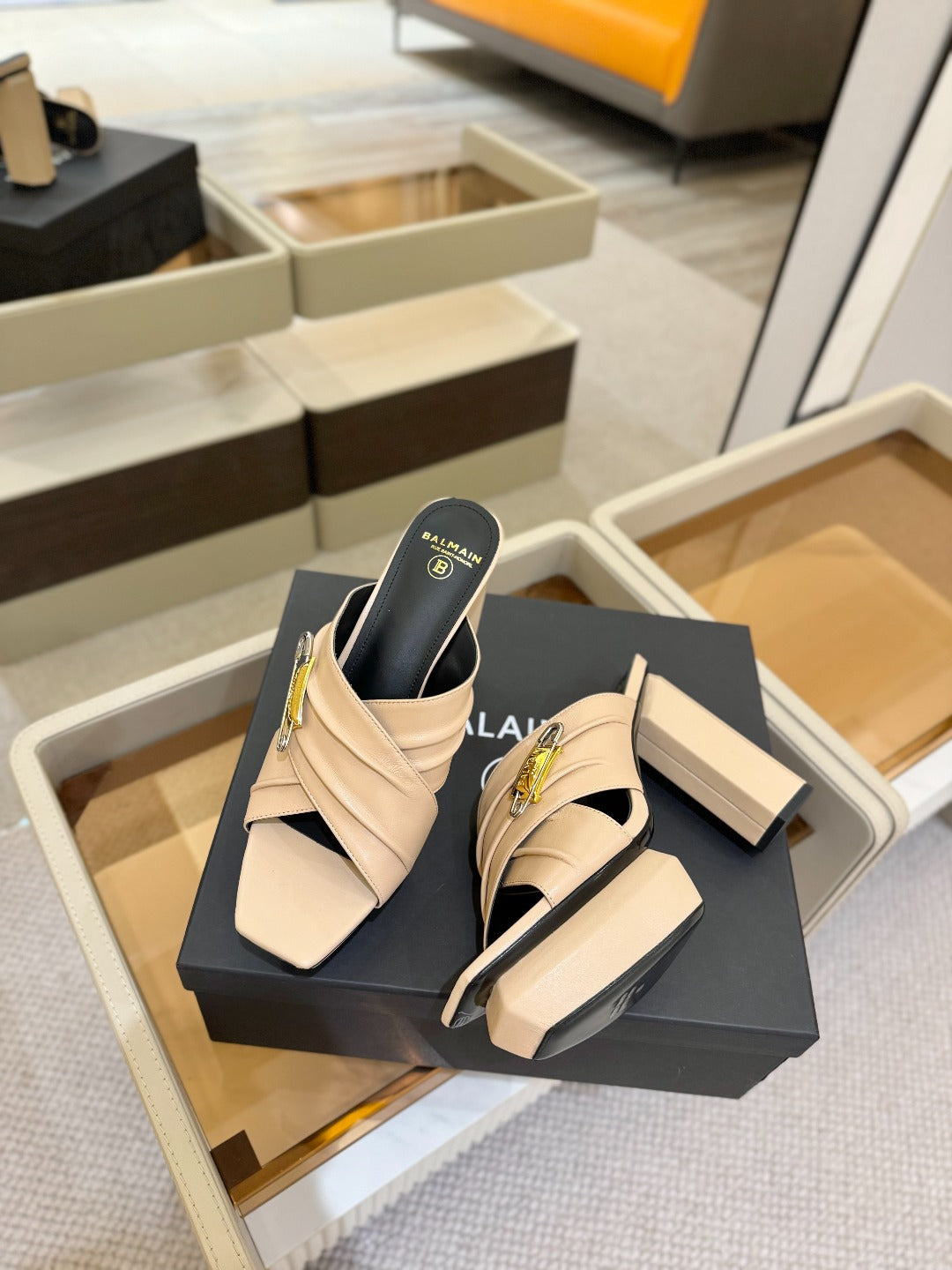 BALMAIN 25S WEDGE HEEL SANDALS 100MM IN NUDE CALFSKIN