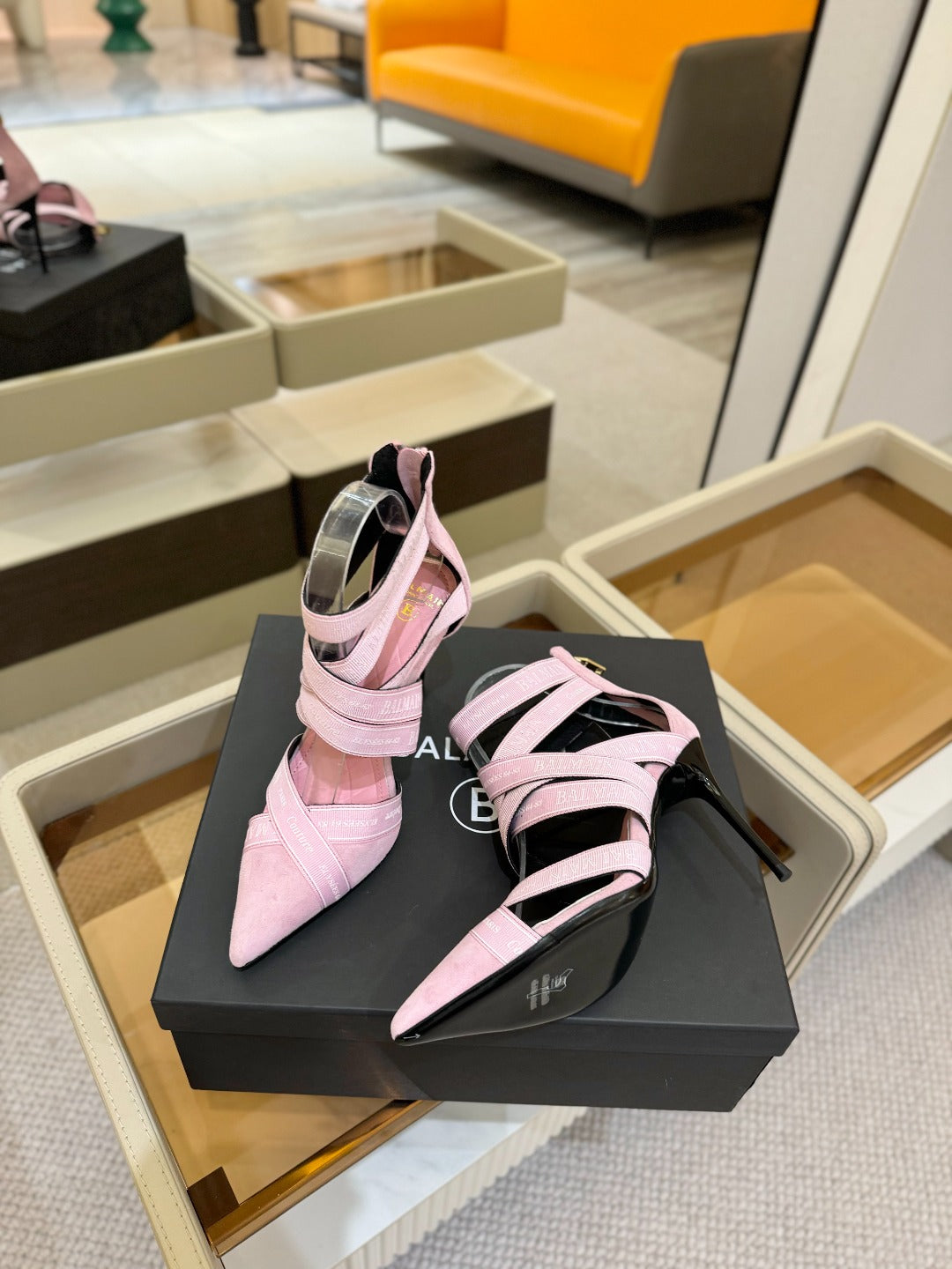 BALMAIN 25S HIGH HEELS LOGO RIBBON 95MM IN PINK SUEDE