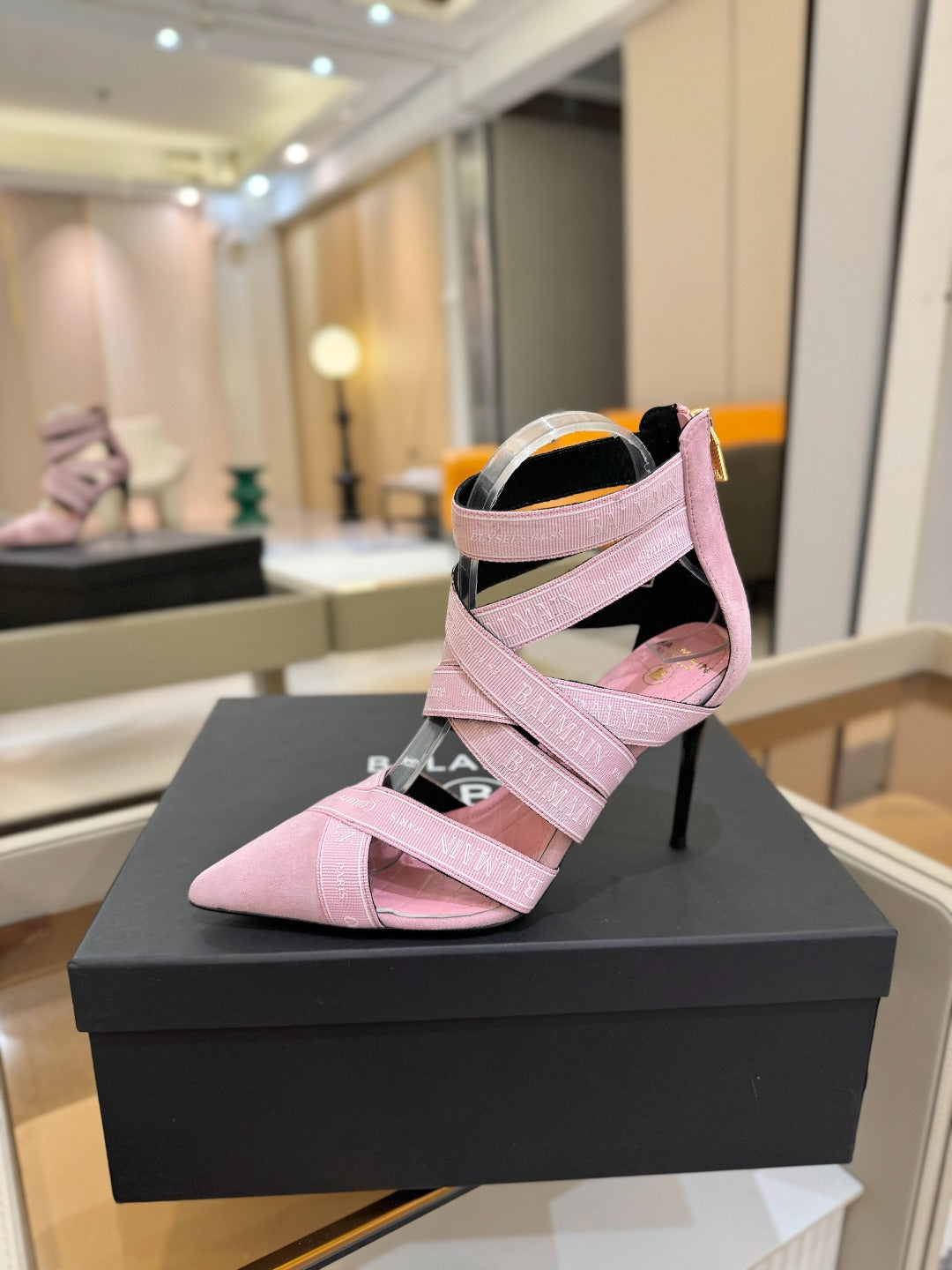 BALMAIN 25S HIGH HEELS LOGO RIBBON 95MM IN PINK SUEDE