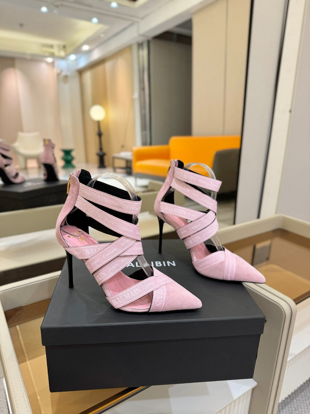 BALMAIN 25S HIGH HEELS LOGO RIBBON 95MM IN PINK SUEDE