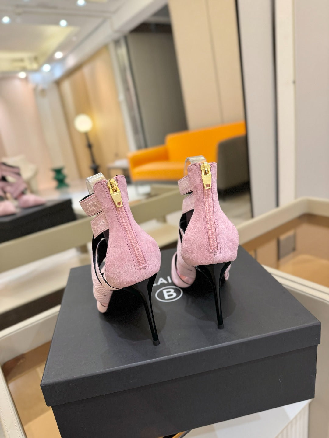 BALMAIN 25S HIGH HEELS LOGO RIBBON 95MM IN PINK SUEDE