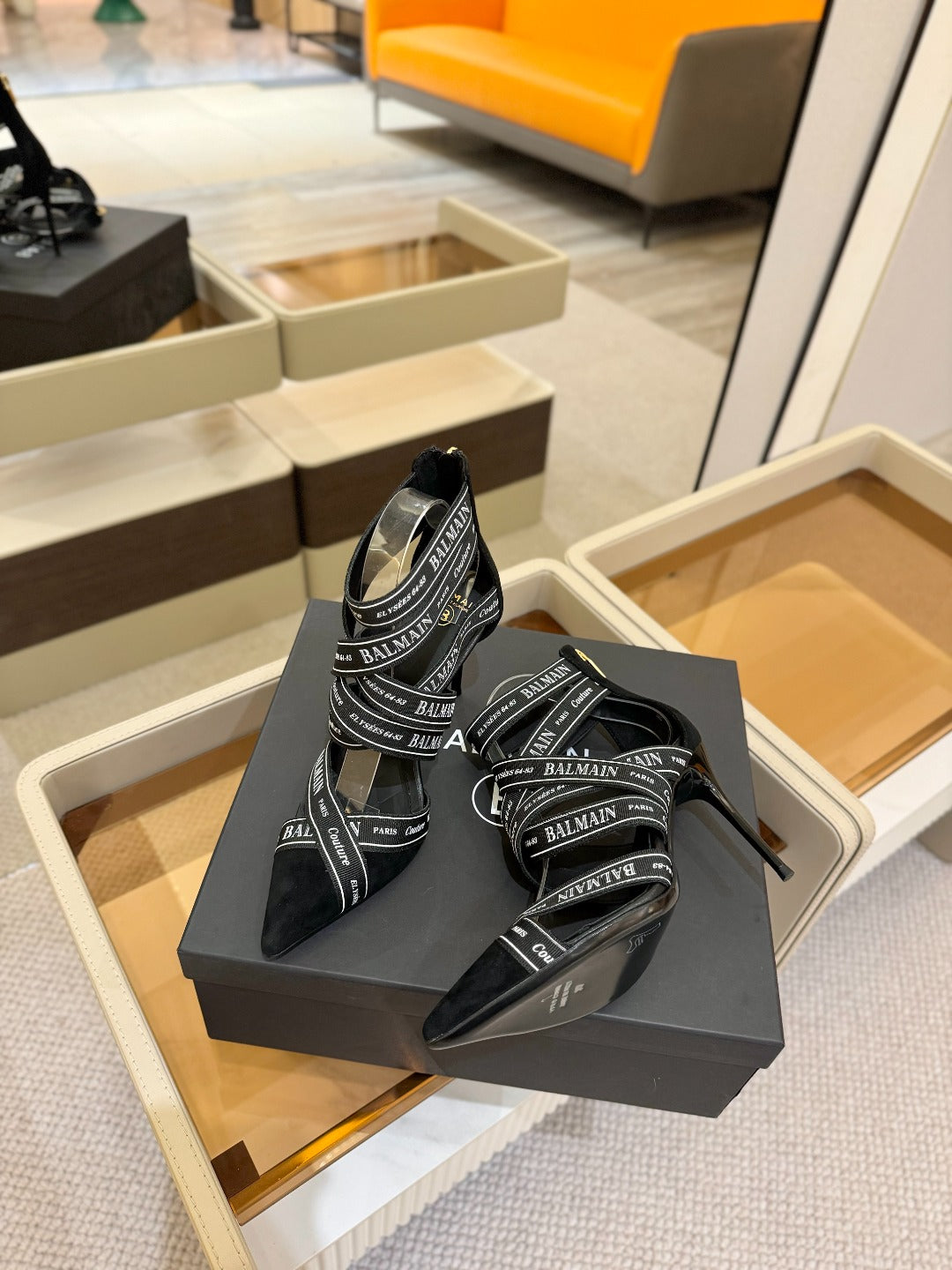 BALMAIN 25S HIGH HEELS LOGO RIBBON 95MM IN BLACK FULL SUEDE