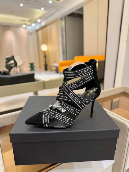 BALMAIN 25S HIGH HEELS LOGO RIBBON 95MM IN BLACK FULL SUEDE