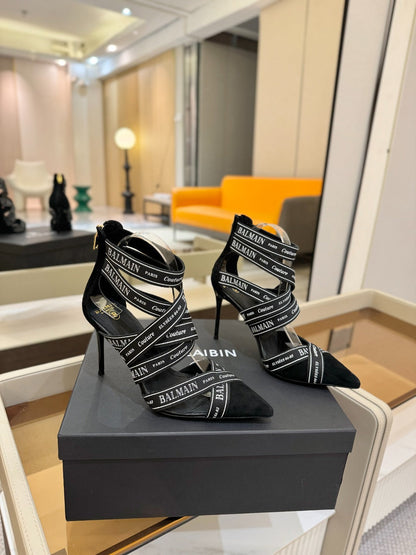 BALMAIN 25S HIGH HEELS LOGO RIBBON 95MM IN BLACK FULL SUEDE