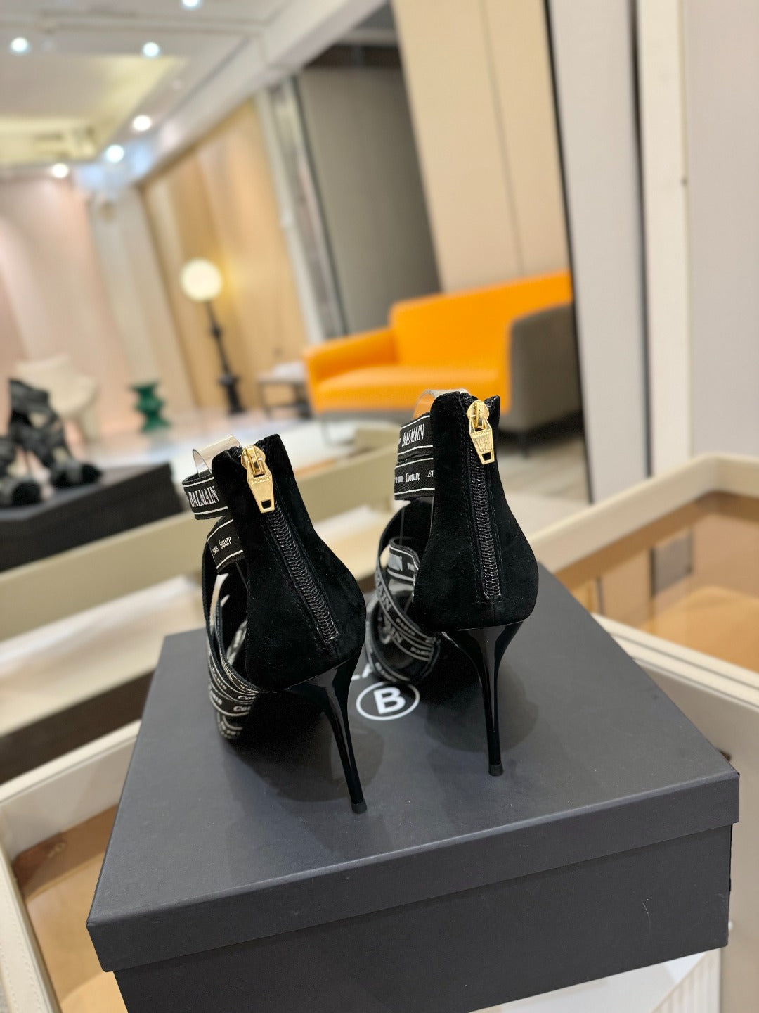 BALMAIN 25S HIGH HEELS LOGO RIBBON 95MM IN BLACK FULL SUEDE