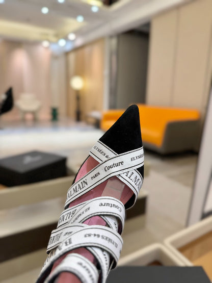 BALMAIN 25S HIGH HEELS LOGO RIBBON 95MM IN BLACK AND WHITE SUEDE