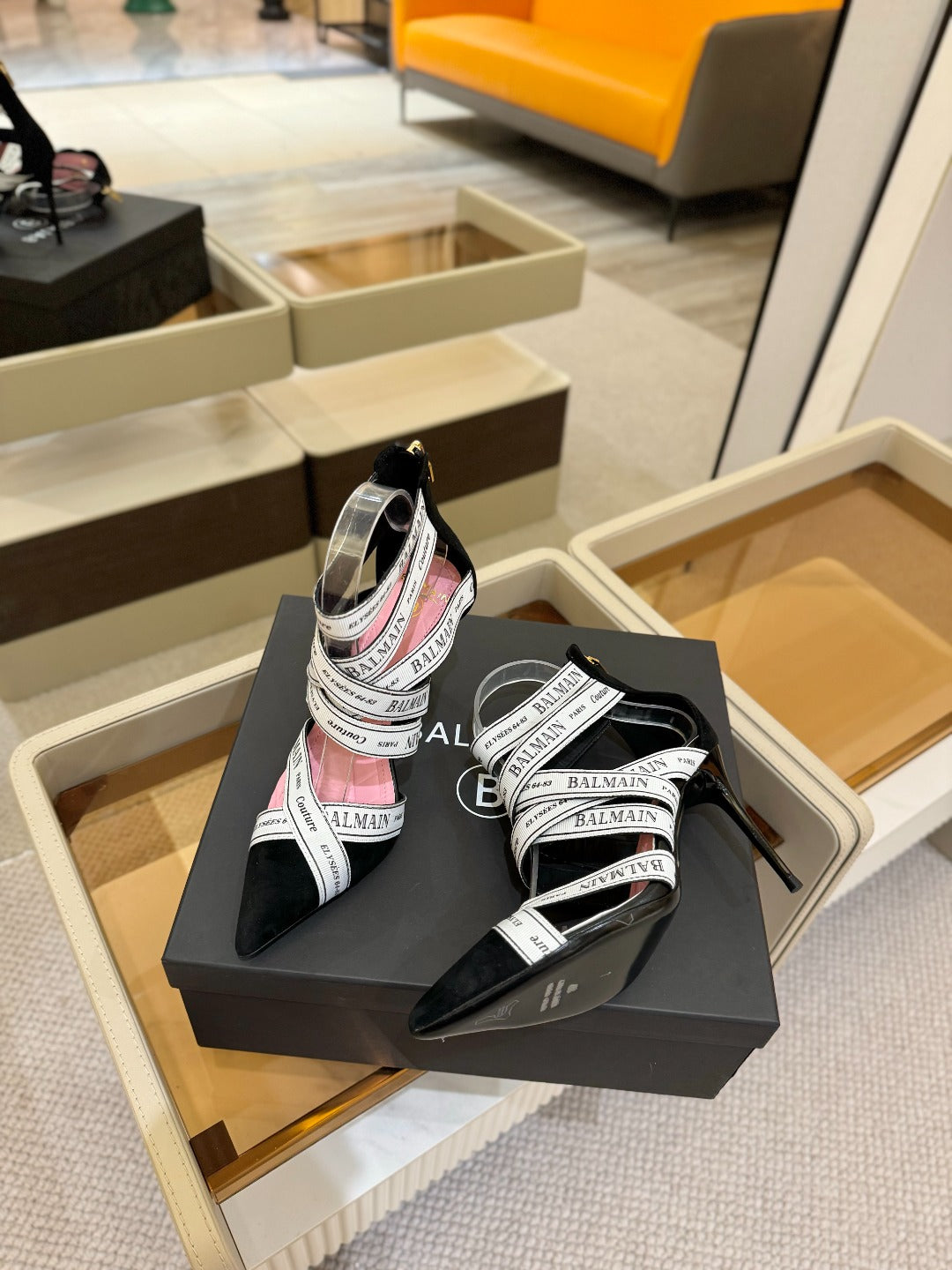 BALMAIN 25S HIGH HEELS LOGO RIBBON 95MM IN BLACK AND WHITE SUEDE