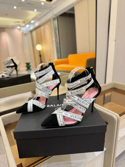 BALMAIN 25S HIGH HEELS LOGO RIBBON 95MM IN BLACK AND WHITE SUEDE