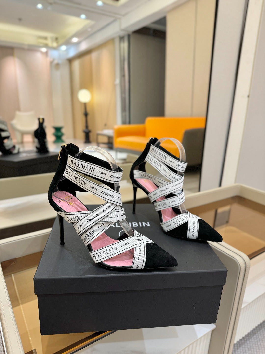 BALMAIN 25S HIGH HEELS LOGO RIBBON 95MM IN BLACK AND WHITE SUEDE