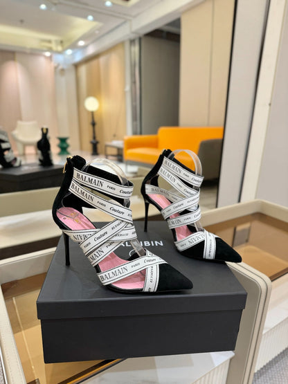 BALMAIN 25S HIGH HEELS LOGO RIBBON 95MM IN BLACK AND WHITE SUEDE