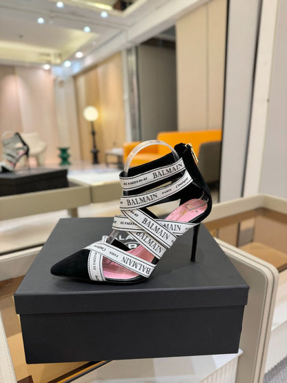 BALMAIN 25S HIGH HEELS LOGO RIBBON 95MM IN BLACK AND WHITE SUEDE