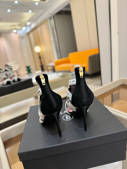 BALMAIN 25S HIGH HEELS LOGO RIBBON 95MM IN BLACK AND WHITE SUEDE