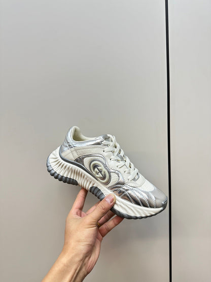 GG Ripple Leather Sneakers White Silver