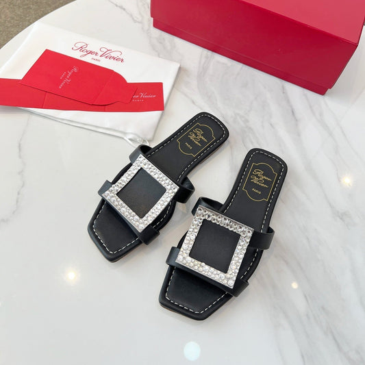 VIV' BY THE SEA MULES IN BLACK CALFSKIN CRYSTAL BUCKLE