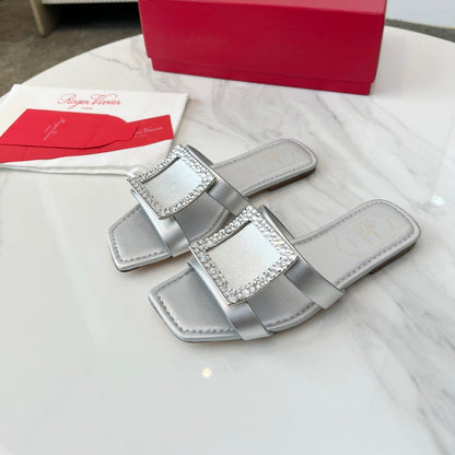 VIV' BY THE SEA MULES IN SILVER CALFSKIN CRYSTAL BUCKLE