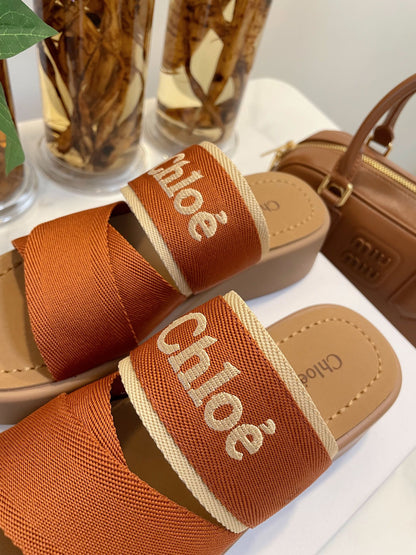 WOODY WEDGE SANDALS IN BRONZE BROWN CANVAS WITH CIDER BROWN RUBBER SOLE