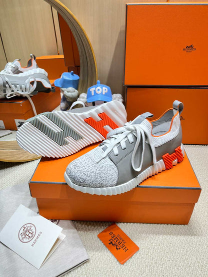 DEPART SLIP-ON SNEAKER IN WHITE MIX MOUSE GRAY KNIT AND CALFSKIN