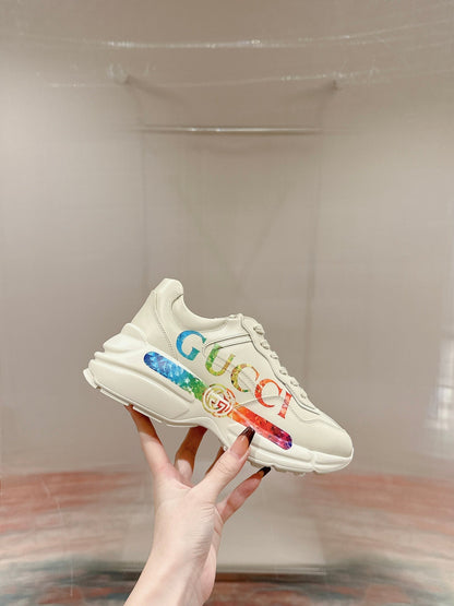 GG RHYTON TRAINER WHITE CALFSKIN WITH MULTI PATTERNS