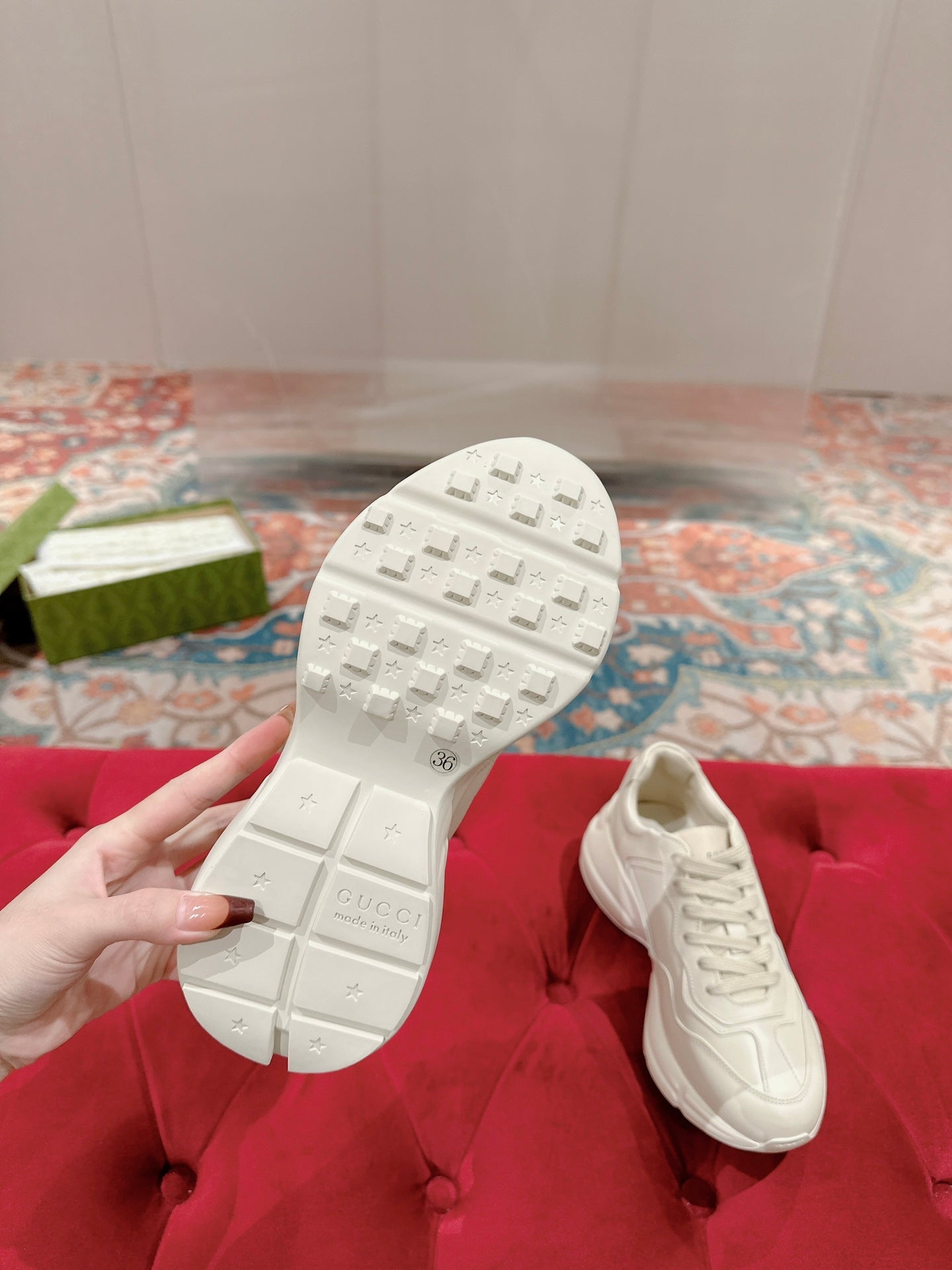 GG RHYTON TRAINER WHITE CALFSKIN WITH MULTI PATTERNS