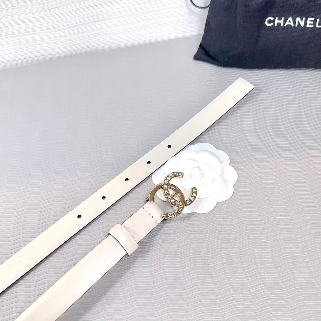 CC BELT 20 MM IN BEIGE CREAM SMOOTH CALFSKIN GOLD HARDWARE ATTACH RHINSTONE