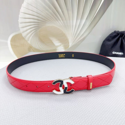 CC BELT 30 MM CHERRY RED CALFSKIN WITH BLACK MIX WHITE LOGO