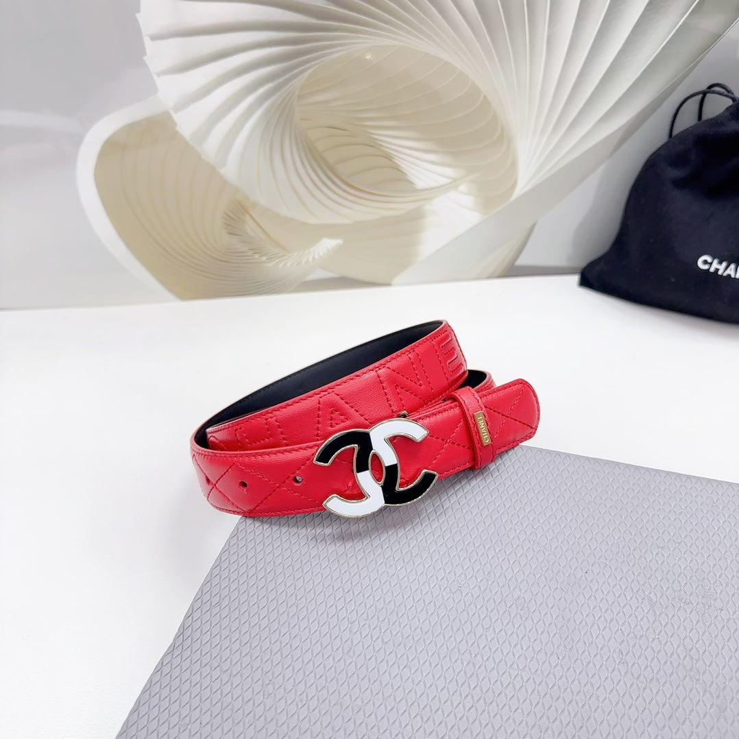 CC BELT 30 MM CHERRY RED CALFSKIN WITH BLACK MIX WHITE LOGO