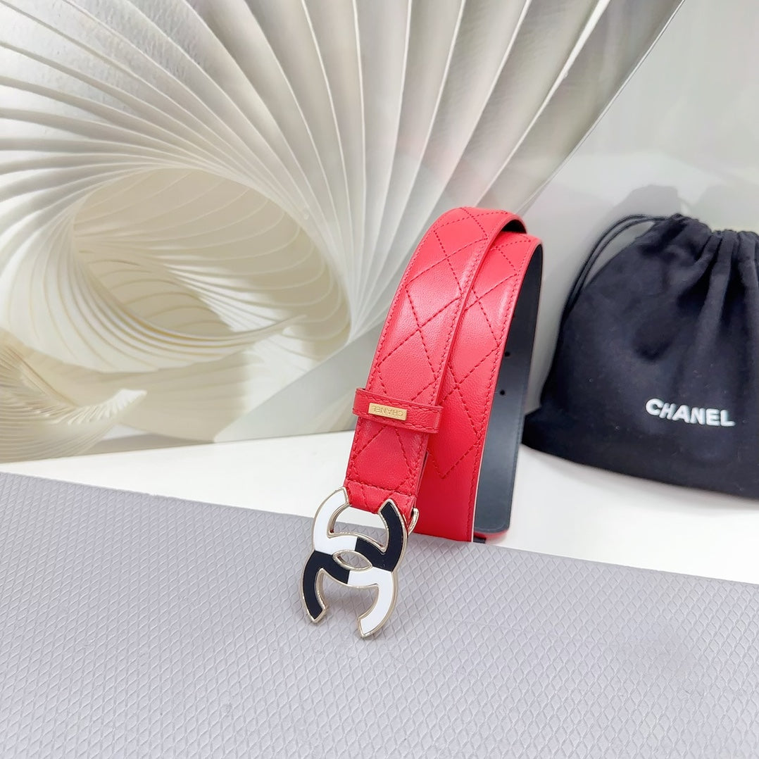 CC BELT 30 MM CHERRY RED CALFSKIN WITH BLACK MIX WHITE LOGO