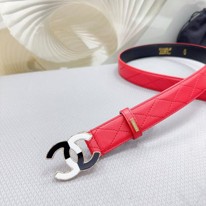CC BELT 30 MM CHERRY RED CALFSKIN WITH BLACK MIX WHITE LOGO