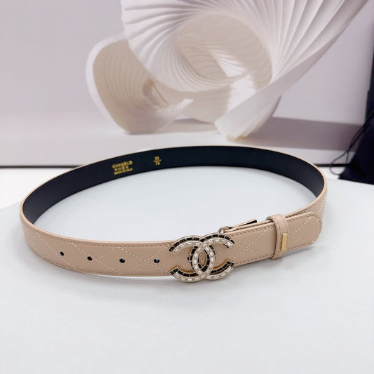 CC 30MM BELT IN BEIGE CREAM EMBROIDERED CALFSKIN METAL HARDWARE