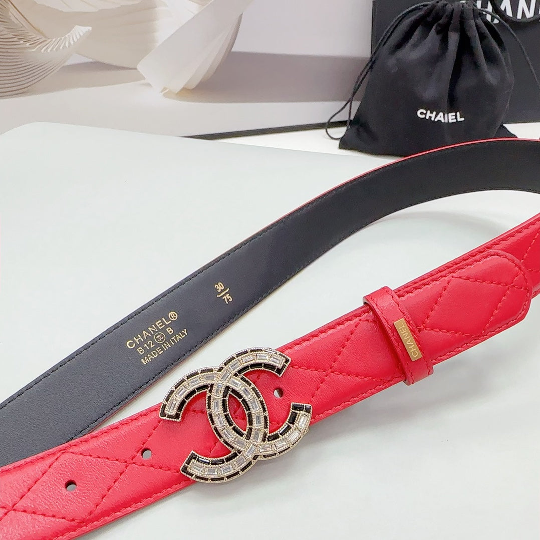 CC 30MM BELT IN CHERRY RED EMBROIDERED CALFSKIN METAL HARDWARE