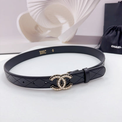 CC 30MM BELT IN BLACK EMBROIDERED CALFSKIN GOLD HARDWARE