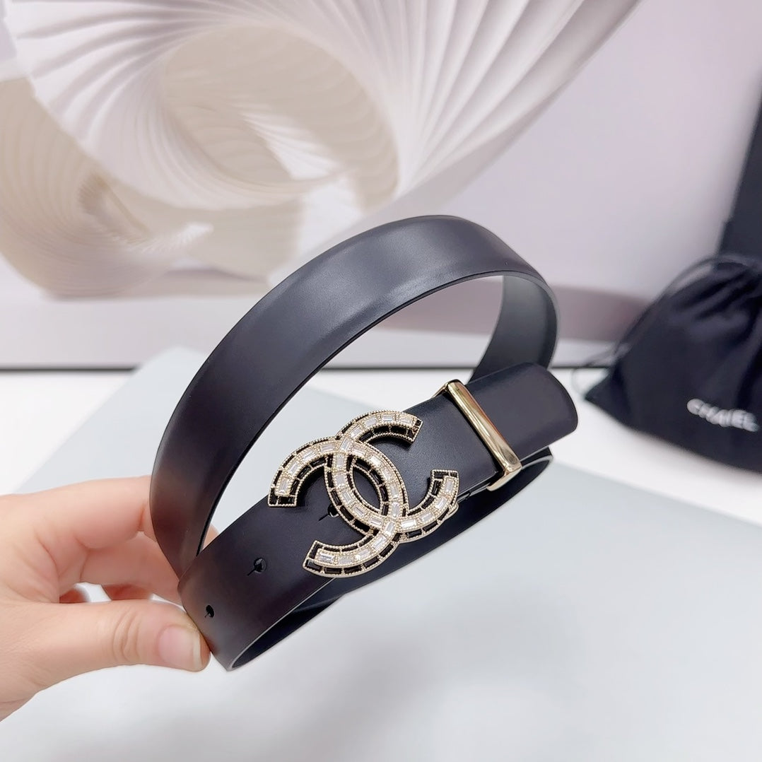 CC 30MM BELT IN BLACK SMOOTH CALFSKIN METAL LOGO