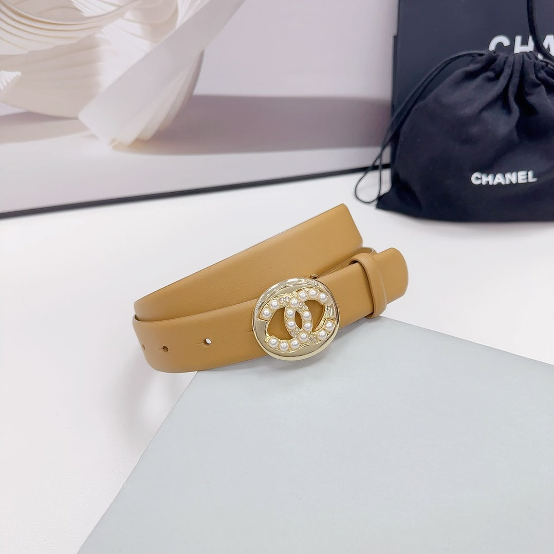 CC 30MM BELT IN CAMEL BEIGE CALFSKIN SILVER HARDWARE ATTACH PEARLS