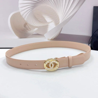 CC 30MM BELT IN NUDE BEIGE CALFSKIN GOLD HARDWARE ATTACH PEARLS