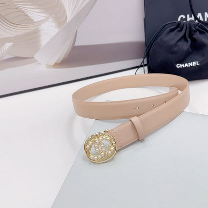 CC 30MM BELT IN NUDE BEIGE CALFSKIN GOLD HARDWARE ATTACH PEARLS