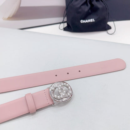 CC 30MM BELT IN FLAMINGO PINK CALFSKIN SILVER HARDWARE ATTACH PEARLS