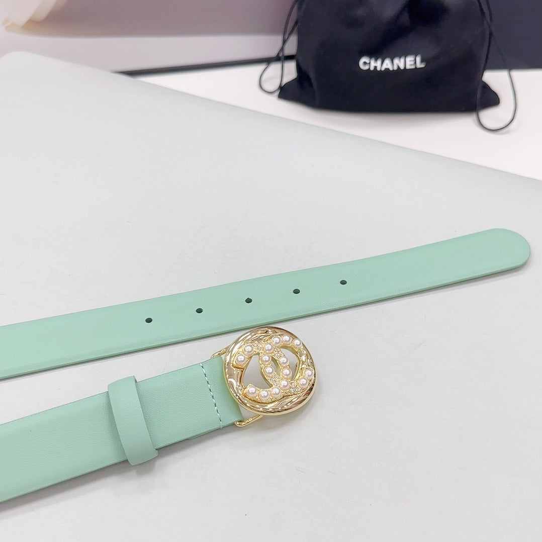 CC 30MM BELT IN GREEN MINT CALFSKIN GOLD HARDWARE ATTACH PEARLS