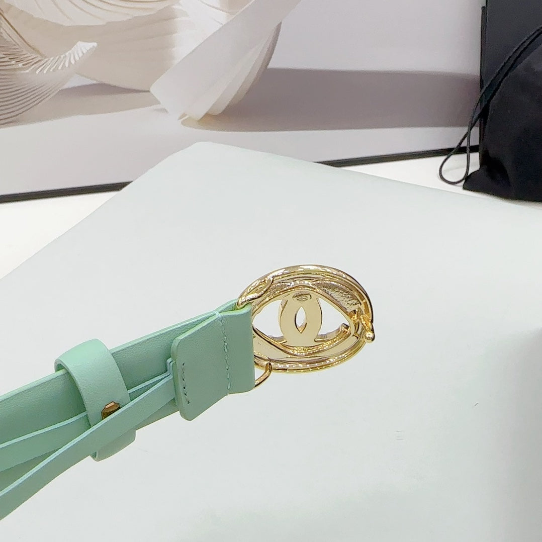 CC 30MM BELT IN GREEN MINT CALFSKIN GOLD HARDWARE ATTACH PEARLS