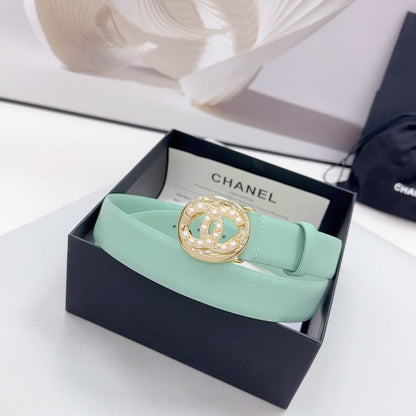 CC 30MM BELT IN GREEN MINT CALFSKIN GOLD HARDWARE ATTACH PEARLS
