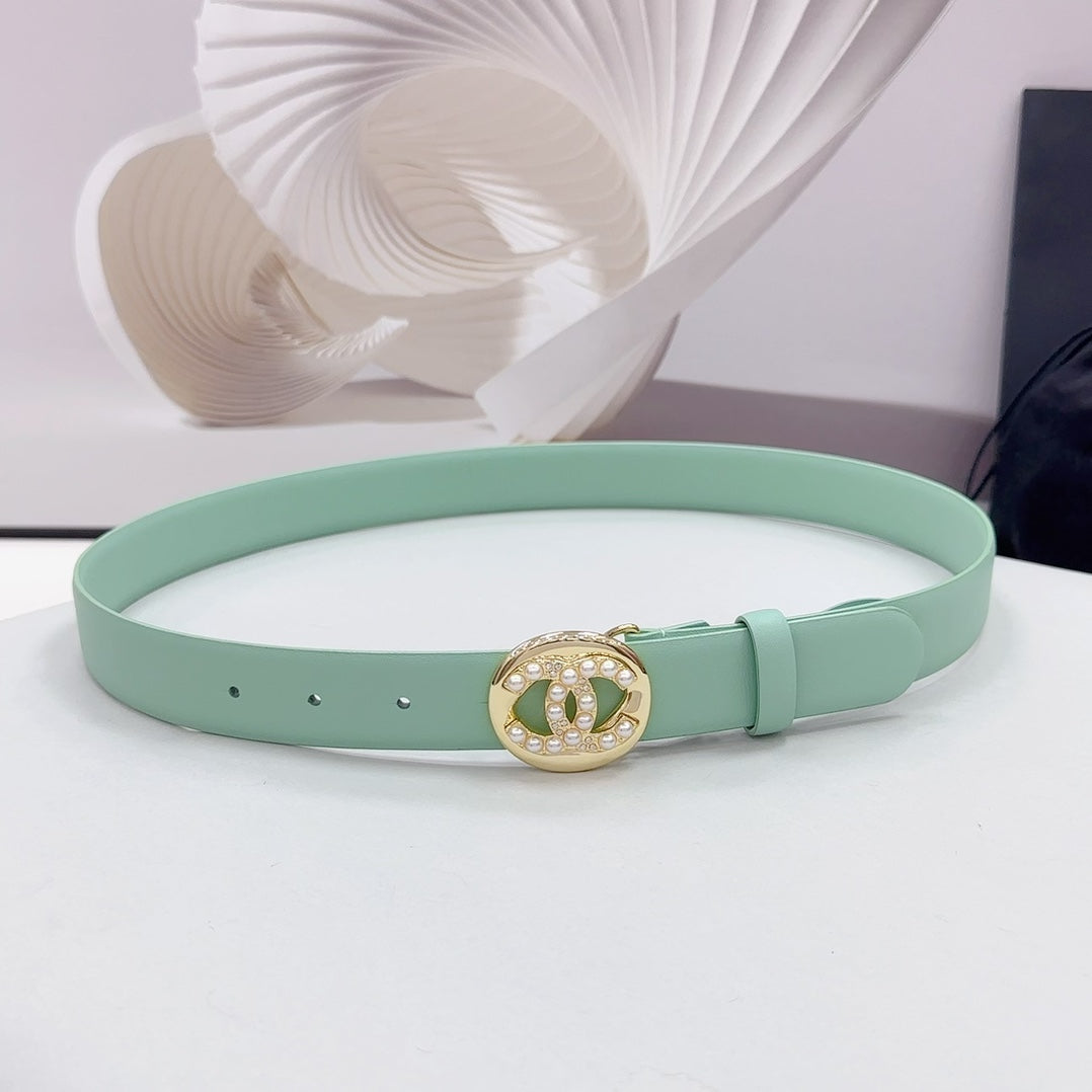 CC 30MM BELT IN GREEN MINT CALFSKIN GOLD HARDWARE ATTACH PEARLS