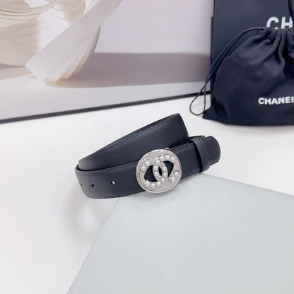 CC 30MM BELT IN BLACK CALFSKIN SILVER HARDWARE ATTACH PEARLS
