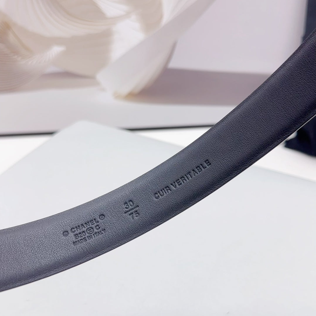 CC 30MM BELT IN BLACK CALFSKIN SILVER HARDWARE ATTACH PEARLS