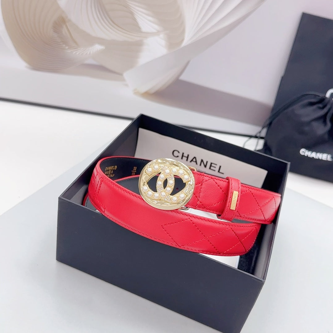 CC 30MM BELT IN CHERRY RED CALFSKIN GOLD HARDWARE ATTACH PEARLS