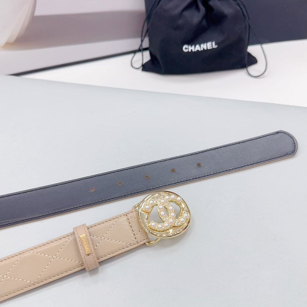 CC 30MM BELT IN CAMEL BROWN CALFSKIN GOLD HARDWARE ATTACH PEARLS