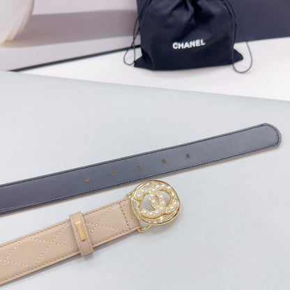 CC 30MM BELT IN CAMEL BROWN CALFSKIN GOLD HARDWARE ATTACH PEARLS