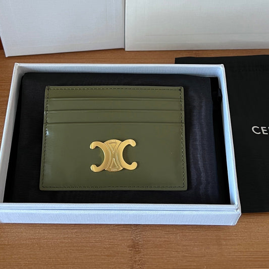 CELINE 25S CARD HOLDER WITH TRIOMPHE LOGO 11 IN DARK OLIVE GREEN CALFSKIN